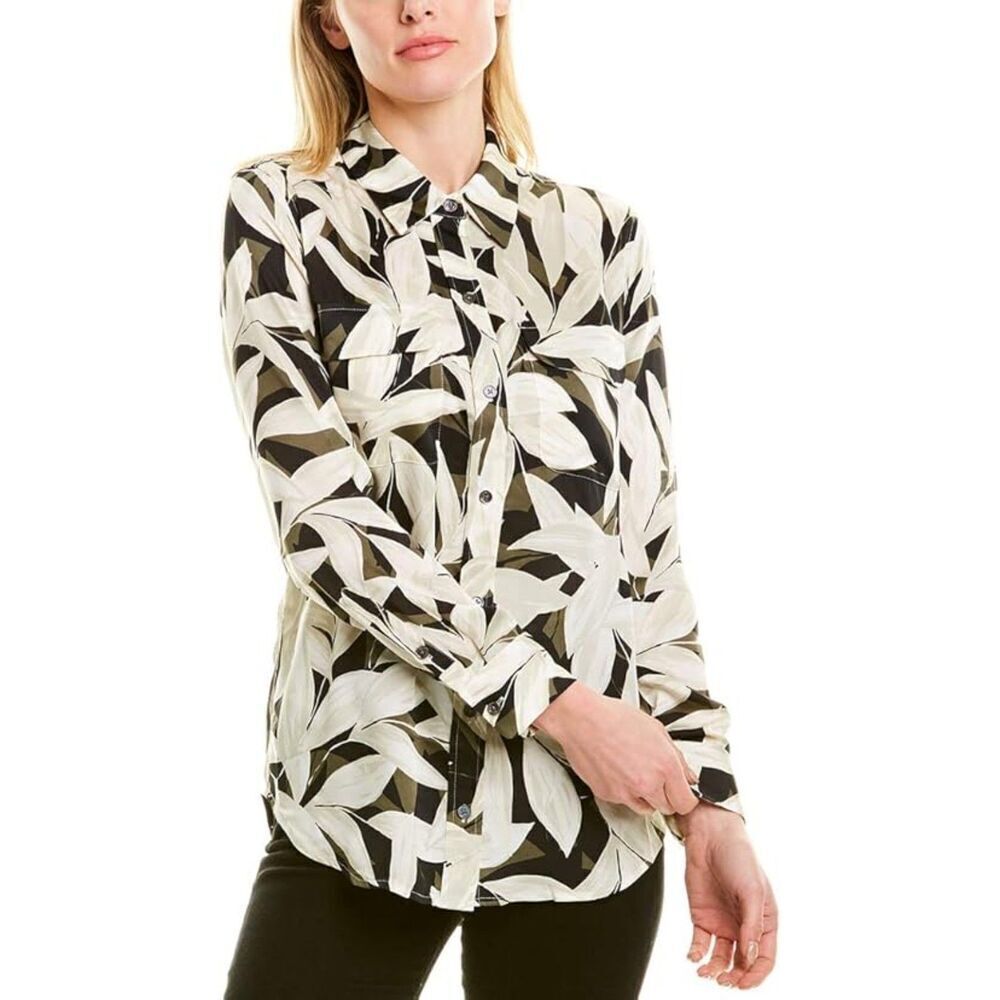 EQUIPMENT Beige Black Floral Semi Sheer Button Up Long Sleeve Blouse Size Medium